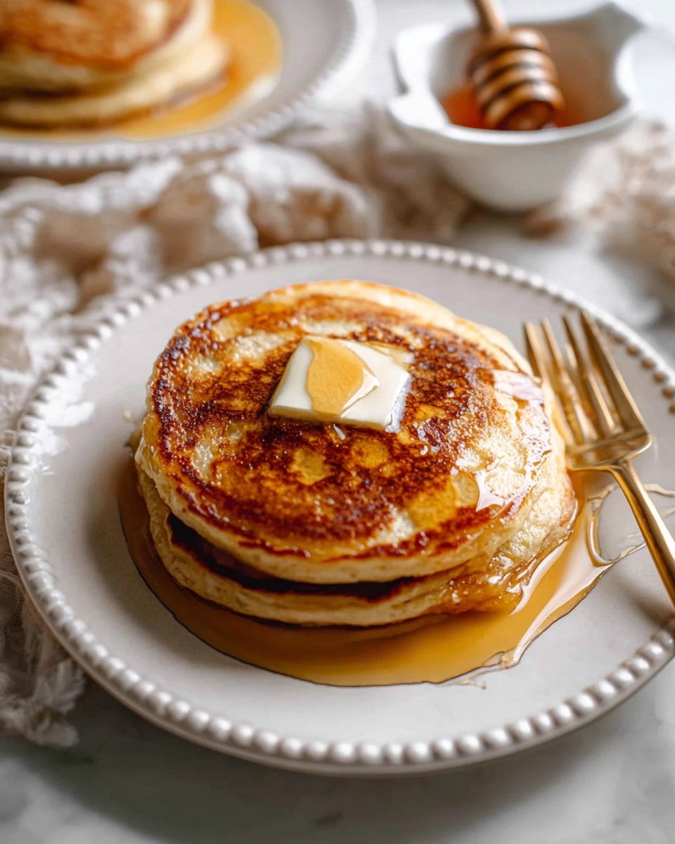 A stack of two golden brown pancakes is placed in the center of a white plate with a beaded edge. On top of the pancakes, there is a square piece of melting butter with syrup drizzled over and around it, creating a shiny glistening effect. The edges of the pancakes show slight crispiness with some lighter and darker browning. A gold fork rests on the plate, positioned diagonally along the left side of the pancakes. The plate sits on a white marbled surface, and in the background, there is a white bowl and a small white dish with a honey dipper covered in syrup. The overall lighting is soft, highlighting the warm tones of the pancakes and the golden syrup. Photo taken with an iphone --ar 4:5 --v 7