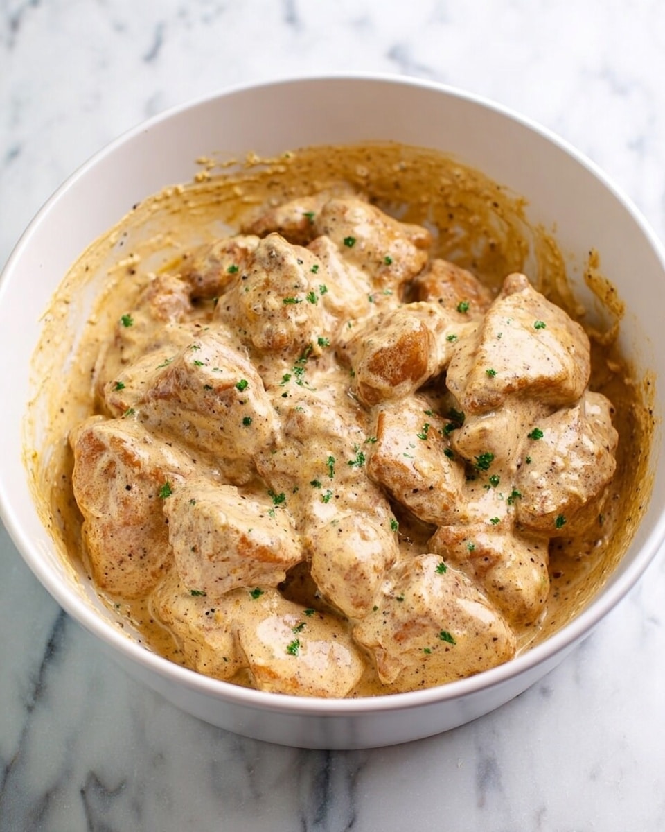 A white bowl filled with pieces of light brown meat all covered in a thick, creamy, light beige sauce with visible specks of spices. The sauce clings to each piece, making the texture look soft and rich. The bowl sits on a white marbled surface, and the mixture looks well mixed with some sauce traces on the sides of the bowl. photo taken with an iphone --ar 4:5 --v 7
