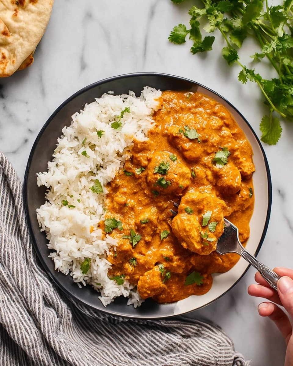A round white plate holds a serving of white rice on the left side, with a thick orange curry covering pieces of chicken on the right side, garnished with small green cilantro leaves. A silver fork with a woman's hand holding it is lifting some of the curry and rice from the plate. The plate sits on a white marbled surface with some green cilantro leaves and a striped cloth nearby. Photo taken with an iphone --ar 4:5 --v 7