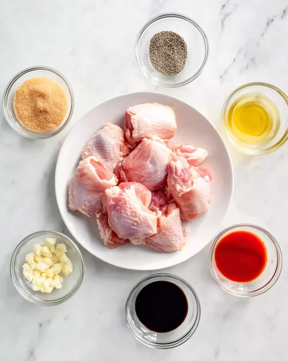 The image shows a white plate in the center holding raw pink chicken pieces with skin on. Around the plate are six small clear glass bowls placed on a white marbled surface. The bowls contain different ingredients: light brown sugar crystals, minced pale yellow garlic, light yellow liquid, dark brown almost black soy sauce, a small amount of black pepper, and bright red hot sauce. The ingredients are placed evenly around the plate, creating a neat and clean layout. The photo is taken with an iphone --ar 4:5 --v 7