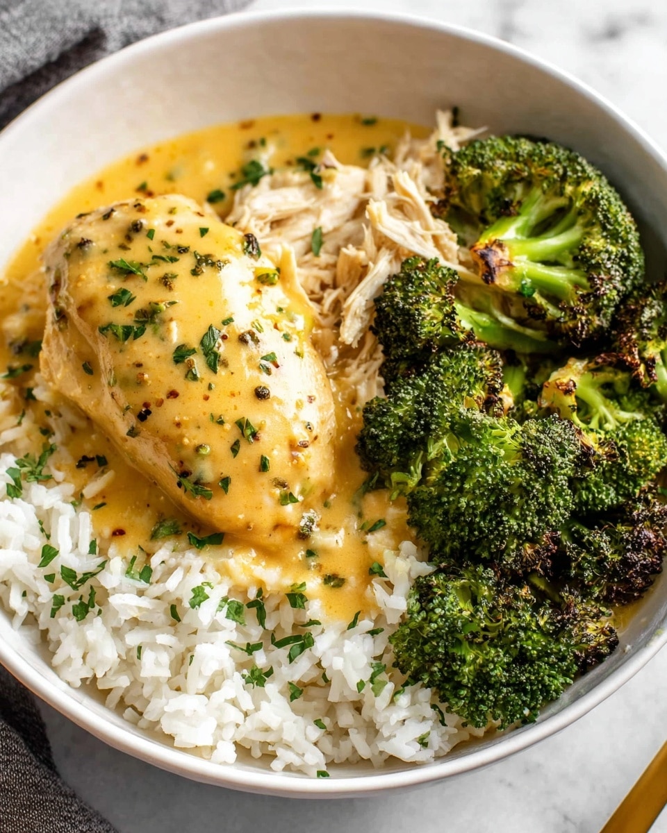A white bowl holds three main parts in a close-up view: at the bottom is white rice with sprinkled green herbs, on the top left rests a piece of chicken covered with a smooth, yellow gravy sauce speckled with green herbs and black pepper, some shredded chicken covered with sauce spills over the rice just below the whole chicken, and on the top right, a pile of bright green roasted broccoli with charred edges adds texture and color contrast. The bowl sits on a white marbled surface, and a gold spoon is partially visible on the right edge. Photo taken with an iphone --ar 4:5 --v 7