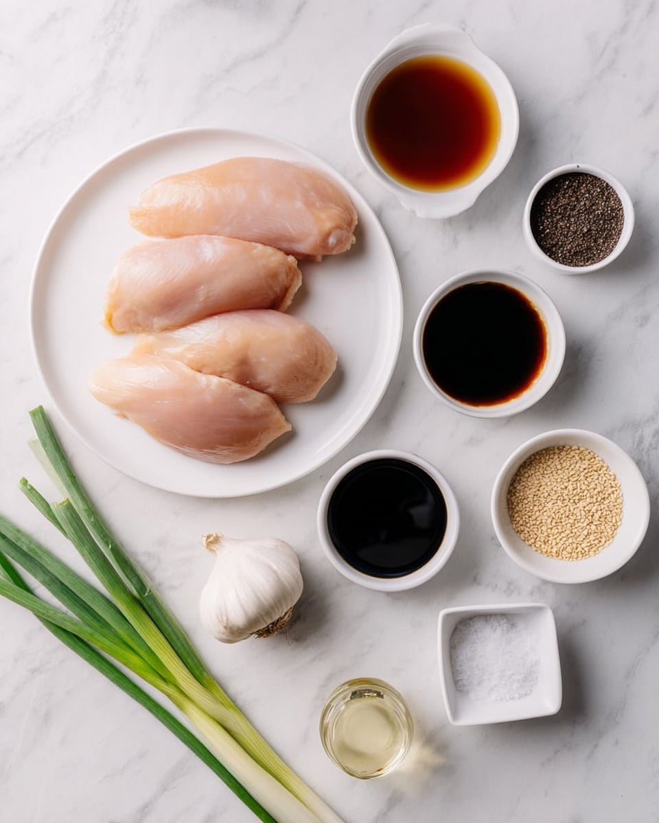 The image shows a white plate with four pieces of raw chicken with light pink skin and smooth texture placed on the left side. Around the plate on a white marbled surface are small white bowls and cups that hold dark soy sauce, light brown honey, thick black sauce, clear white liquid, coarse salt, ground black pepper, and beige sesame seeds. There is a whole garlic bulb placed near the center and three long green onions with white bulbs at the bottom left side of the image. The arrangement is neat and evenly spaced, creating a clean and fresh look. photo taken with an iphone --ar 4:5 --v 7