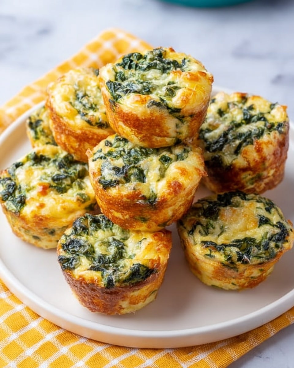 The image shows seven mini spinach and cheese muffins stacked on a round white plate. Each muffin has a golden-brown top with green spinach bits mixed inside the pale yellow cheese and dough base. The muffins have a slightly textured surface where melted cheese creates small, shiny spots. The plate sits on a white marbled surface with a yellow and white checkered cloth partially visible under the plate. Photo taken with an iphone --ar 4:5 --v 7