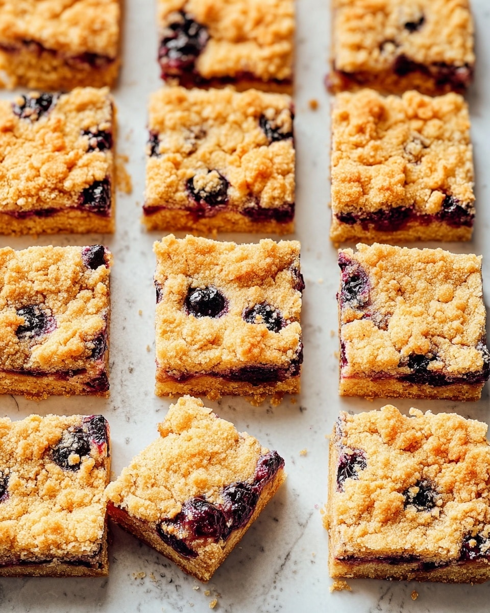 The image shows square pieces of a golden-brown baked dessert with a crumbly surface, each piece containing scattered dark purple berries that add contrast and texture. The dessert has a thick base layer that looks soft but firm, topped with a slightly crunchy layer that has small cracks and uneven bumps. The pieces are arranged in a neat grid on a white marbled surface. One square piece is slightly tilted and resting on a second piece below it, showing the texture on the sides as well. photo taken with an iphone --ar 4:5 --v 7