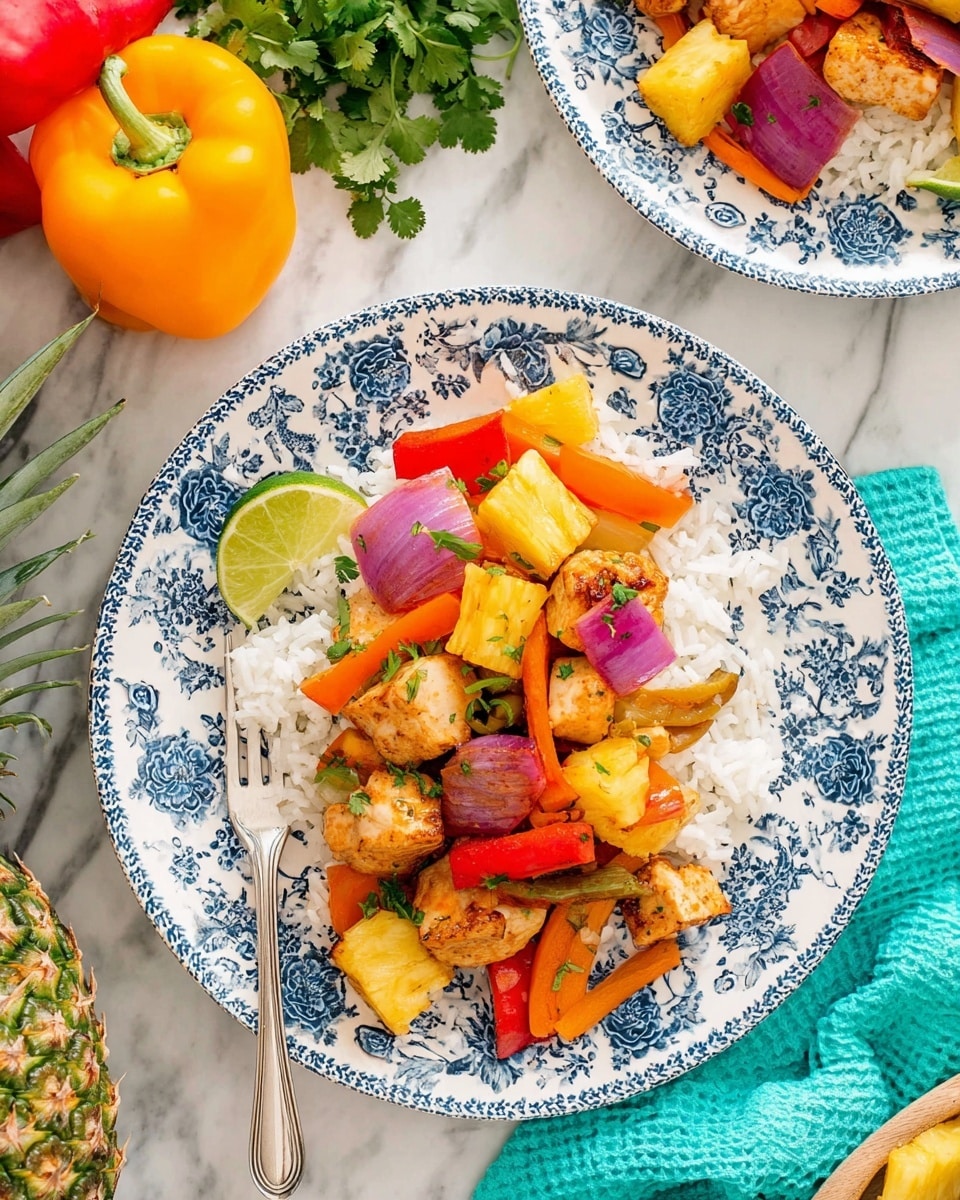 This image shows a white plate with blue floral patterns around the edge, filled with a bed of white rice as the base layer. On top of the rice, there are several colorful pieces arranged: golden-yellow pineapple chunks, bright orange and red bell pepper pieces, and purple-red onion slices, all mixed with light brown cooked chicken pieces that have a slightly crispy texture. A small lime wedge is placed on the rice near the edge of the plate. The plate sits on a white marbled surface, with a silver fork nearby and a partially visible second plate of similar food in the background. There are red, yellow, and orange bell peppers, some green cilantro leaves, and a pineapple crown nearby, along with a turquoise cloth napkin. Photo taken with an iphone --ar 4:5 --v 7