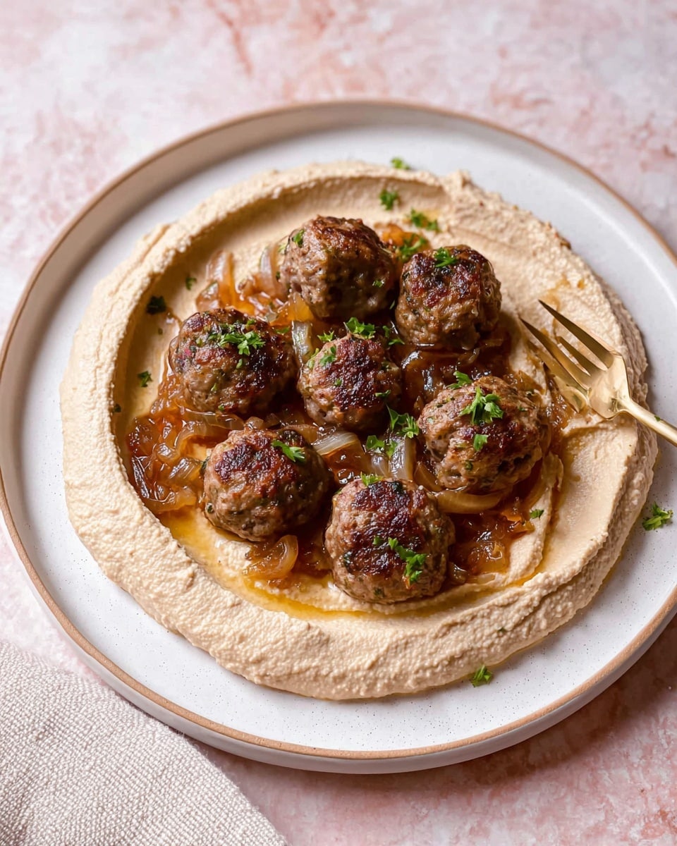 A white plate holds a creamy light beige hummus spread in a thick, circular layer with a slight textured surface. In the center, there are seven browned meatballs with visible bits of herbs inside, each resting on a glossy reddish-brown sauce mixed with translucent cooked onion pieces. A golden fork is placed on the edge of the plate, with the tip touching the hummus. The plate is set on a white marbled textured surface with a soft pink background. Photo taken with an iphone --ar 4:5 --v 7
