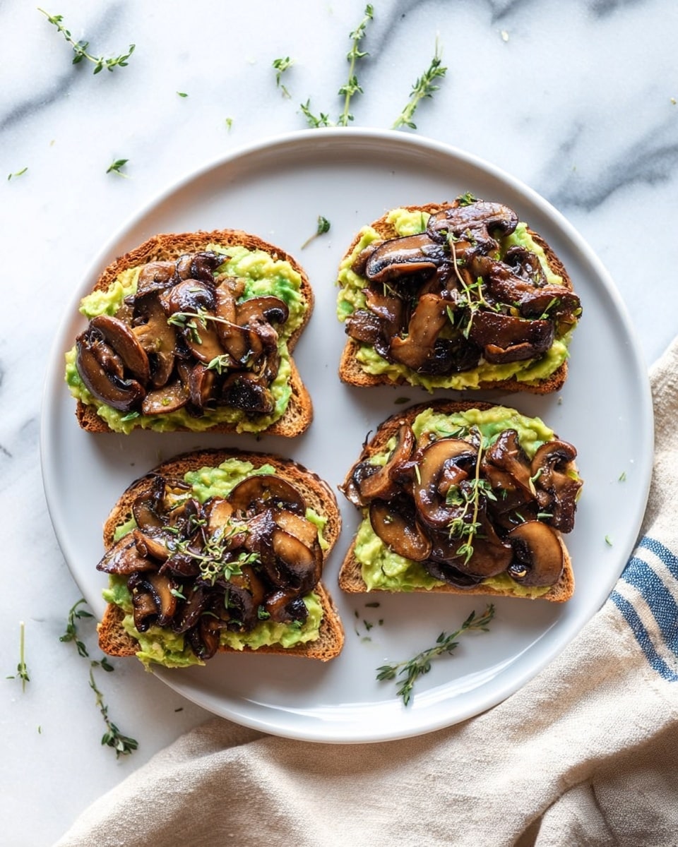 The image shows four pieces of toast on a white plate, each topped with two main layers. The bottom layer on each toast is mashed avocado, light green with a creamy texture, spread evenly. On top of the avocado are sautéed mushrooms, dark brown and shiny with a soft look, sprinkled with small green herb leaves. The plate sits on a white marbled surface with a few scattered green herb sprigs around, and a beige cloth with blue stripes is partially visible at the bottom right. photo taken with an iphone --ar 4:5 --v 7