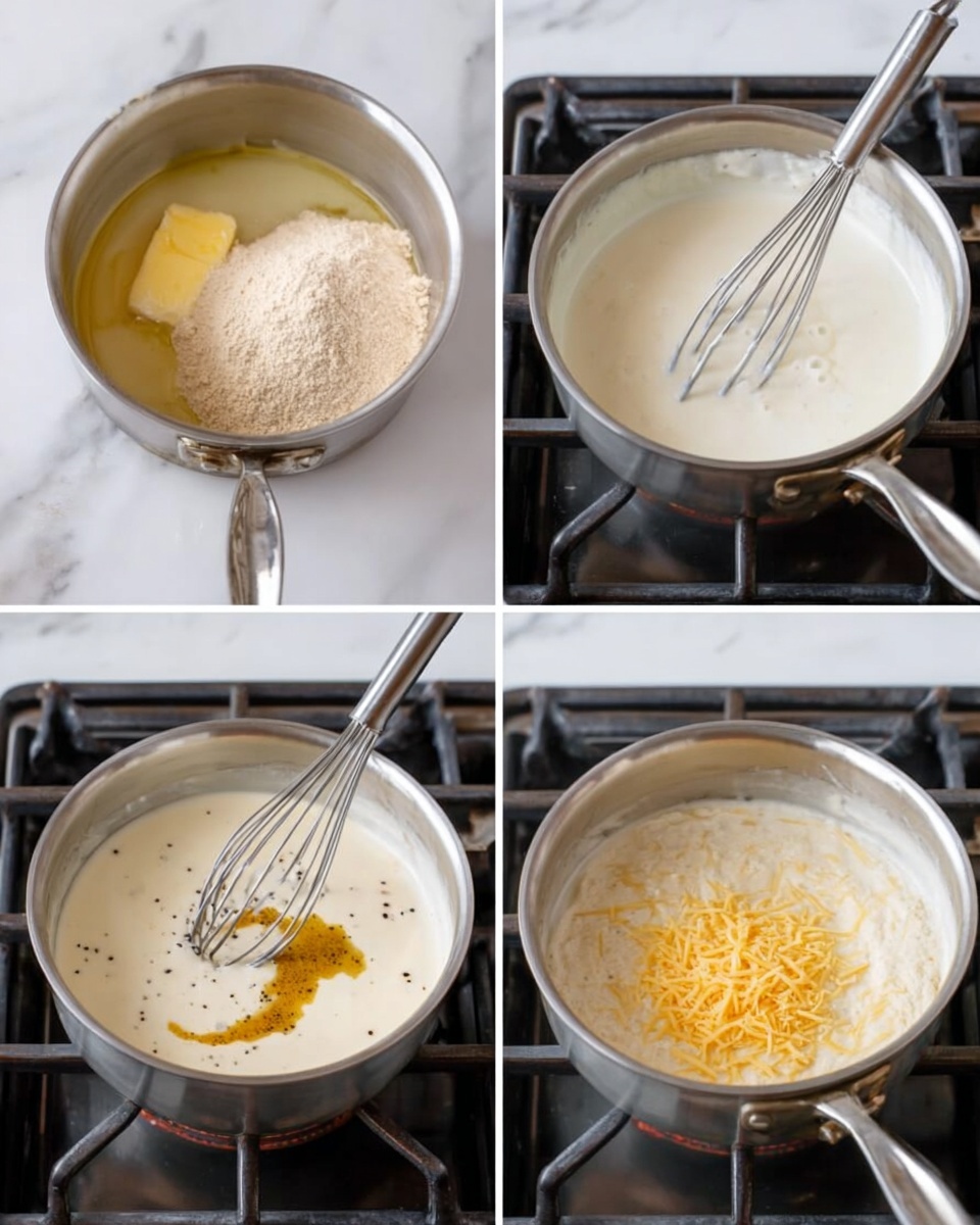 A collage of four images shows making a creamy sauce in a small silver pot on a stove with black grates and a white marbled surface underneath. The top left image shows melted butter with a pile of light tan flour in the middle. The top right image shows a white sauce thickening with a whisk stirring it. The bottom left image shows the sauce with black pepper and a dollop of yellow mustard added, with the whisk resting inside. The bottom right image shows grated yellow cheese added on top of the creamy white sauce with the whisk ready to mix. Photo taken with an iphone --ar 4:5 --v 7