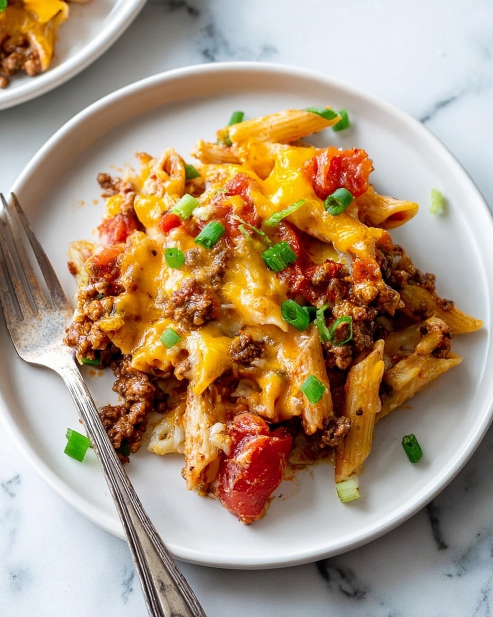 The dish shows one layer of penne pasta topped with a mix of browned ground meat, chunky red tomato pieces, and melted yellow cheese that looks creamy. There are small green onion slices scattered on top, adding a fresh green color. The food is served on a white plate with a silver fork lying on the left side, and the background has a white marbled texture. Photo taken with an iphone --ar 4:5 --v 7