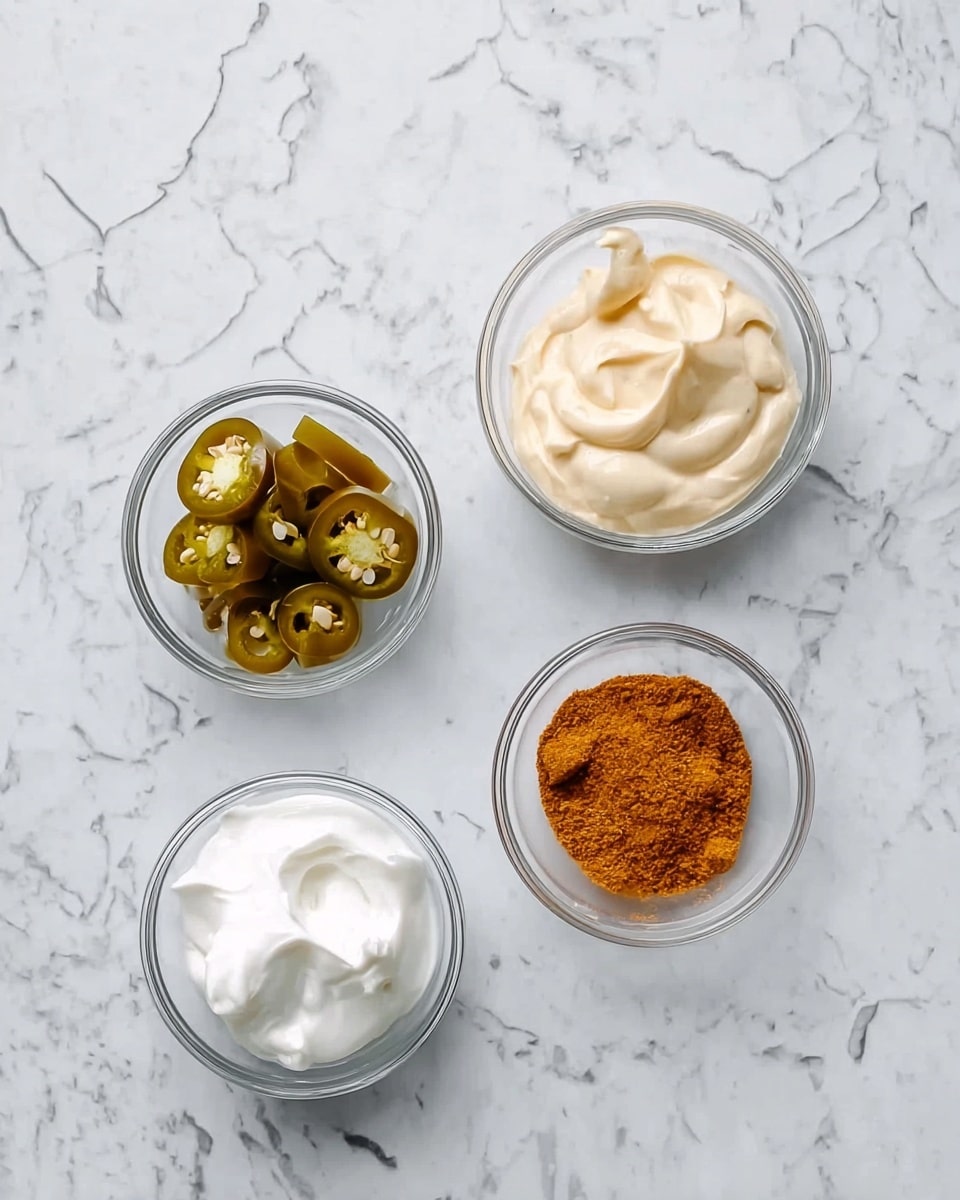 The image shows four small, clear glass bowls placed on a white marbled surface. The top left bowl contains sliced green jalapeño peppers with seeds visible, showing a shiny, wet texture. The top right bowl holds a light beige, creamy sauce with a smooth but slightly uneven surface. The bottom left bowl is filled with white sour cream, which looks thick and soft with slight peaks. The bottom right bowl contains a fine orange-brown powdered spice with a dry and smooth texture. The bowls are spaced apart, forming a rough square shape. Photo taken with an iphone --ar 4:5 --v 7