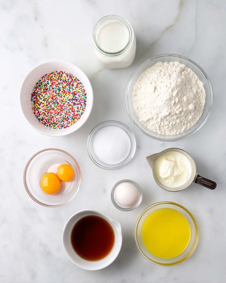 A top view of various baking ingredients placed separately on a white marbled surface. There are eight containers arranged loosely in a circular pattern: a white bowl with colorful rainbow sprinkles on the top left, a glass jar with a white liquid at the top center, a clear glass bowl with white flour on the top right, a small clear glass bowl with white granulated sugar below the sprinkles, a metal measuring cup filled with white thick cream to the right of the sugar, a small white ramekin with a brown liquid to the bottom left, a small clear glass bowl with an egg yolk and white next to the brown liquid, a small white ramekin with white powder below the egg, and a white bowl filled with melted yellow butter on the bottom right. The overall scene is clean, bright, and well-lit, with a simple, organized look. photo taken with an iphone --ar 4:5 --v 7