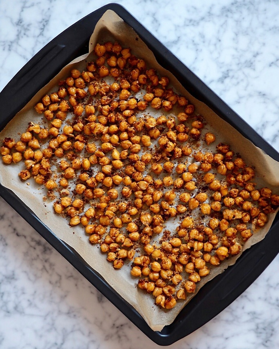 A black baking tray lined with light brown parchment paper, filled with many small, golden-brown roasted chickpeas spread out evenly in one layer, showing a crunchy texture with some darker spots where they are more toasted. The tray sits on a white marbled surface. photo taken with an iphone --ar 4:5 --v 7