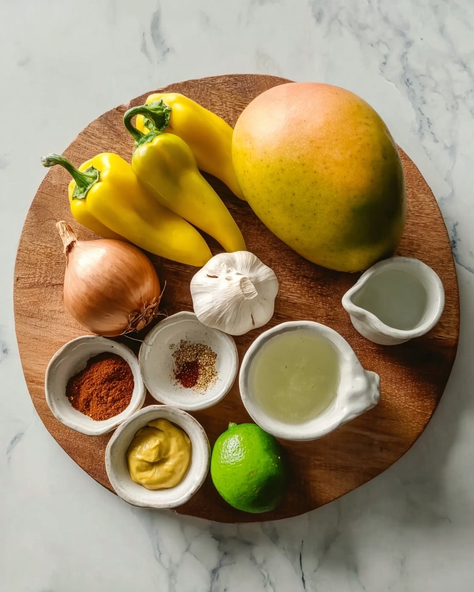 A round wooden board placed on a white marbled surface holds a variety of fresh ingredients. At the center is a ripe yellow mango with hints of green and orange on its smooth skin. To its left are two bright yellow peppers with green stems. Below them sits a small, brown shallot with papery skin. To the right of the mango is a whole white garlic bulb with two loose garlic cloves placed nearby. Beneath the garlic, there are two small white bowls arranged side by side: the left bowl contains three piles of spices in red, brown, and white colors, while the right bowl holds a dollop of yellow mustard. Next to these bowls on the far right, there is a small white cup with a little water inside. Two green limes are positioned just below the mango slightly overlapping each other. The scene is softly lit, showing clear texture and natural colors. Photo taken with an iphone --ar 4:5 --v 7