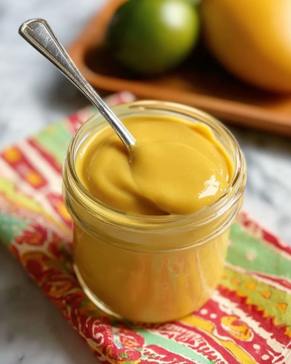 A clear glass jar filled with a smooth, thick, bright yellow sauce with a shiny texture on top; a silver spoon dipped into the sauce with the bowl of the spoon fully covered and resting inside the jar opening. The jar sits on a colorful cloth with red, green, yellow, and white patterns. In the background, two green limes and a mango are lightly blurred on a wooden tray. The entire scene is set on a white marbled surface with bright natural light highlighting the sauce’s glossy, creamy look. Photo taken with an iphone --ar 4:5 --v 7