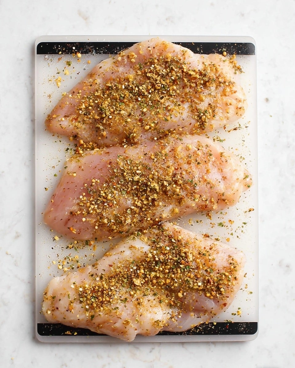 Three raw chicken fillets are laid out side by side on a clear cutting board with black edges, sprinkled generously with a mix of coarse herbs and spices in yellow and brown tones. The chicken pieces are pale pink and glossy, with seasoning spread unevenly, creating a textured look. The cutting board rests on a white marbled surface that contrasts with the slightly scattered spice bits around it. The photo taken with an iphone --ar 4:5 --v 7