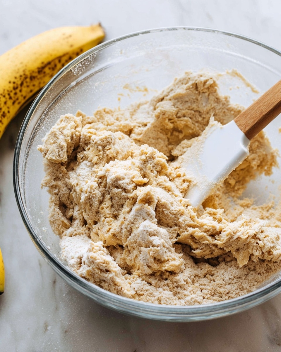 A clear glass bowl filled with a light tan, crumbly dough mixture showing rough texture with some flour dust on top and around the edges. A white spatula with a wooden handle is partially buried in the dough on the right side. The bowl is placed on a white marbled surface with a ripe banana with brown spots visible in the background. The image is closely focused on the dough, showing the uneven, chunky layers. Photo taken with an iphone --ar 4:5 --v 7