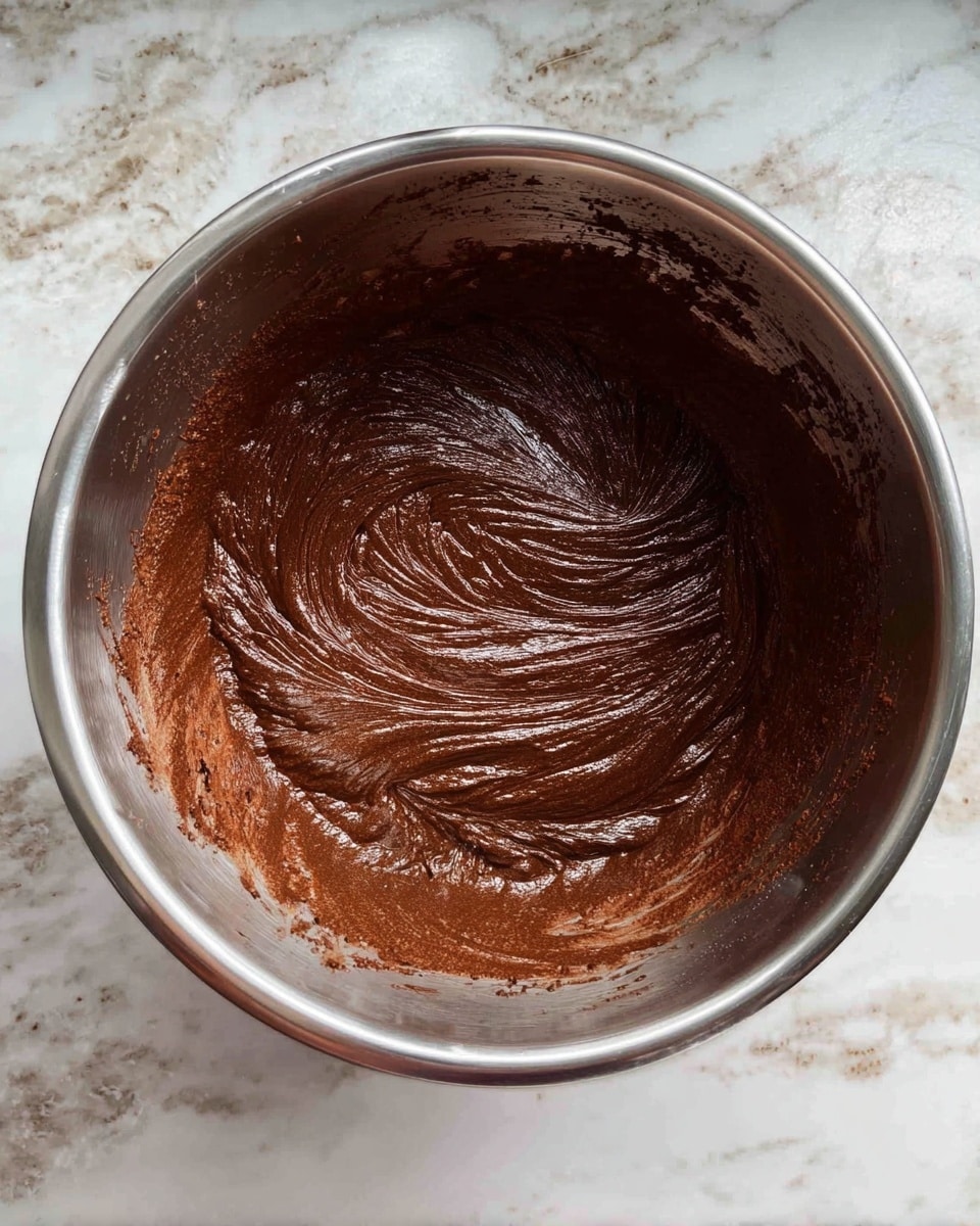 A shiny silver mixing bowl filled with dark brown chocolate batter that has a smooth and thick texture with visible swirls and streaks from mixing, sitting on a white marbled surface with some light specks and smudges around the bowl edges, showing a close-up top view of the batter inside the bowl photo taken with an iphone --ar 4:5 --v 7