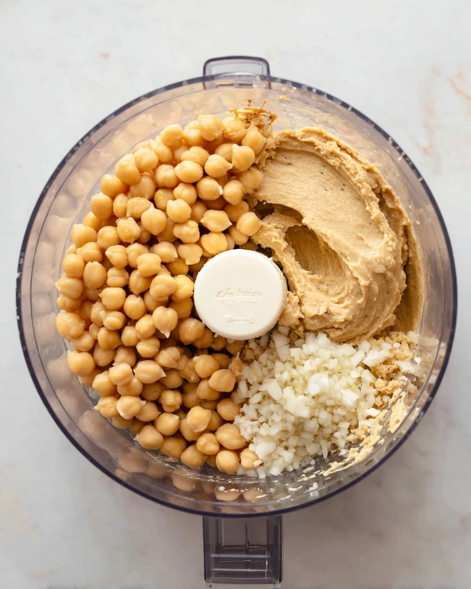 Inside a clear round food processor bowl, there are three main layers arranged side by side. On the left, a large pile of light yellow chickpeas fills nearly half the space, showing their round, smooth texture. On the right side, a creamy light brown tahini paste is thick and smooth, placed close to the chickpeas. Between the chickpeas and tahini, a small pile of finely chopped white garlic pieces fills the gap. The food processor blade's white center part is visible with some spread ingredients on it. The entire bowl sits on a white marbled surface. photo taken with an iphone --ar 4:5 --v 7