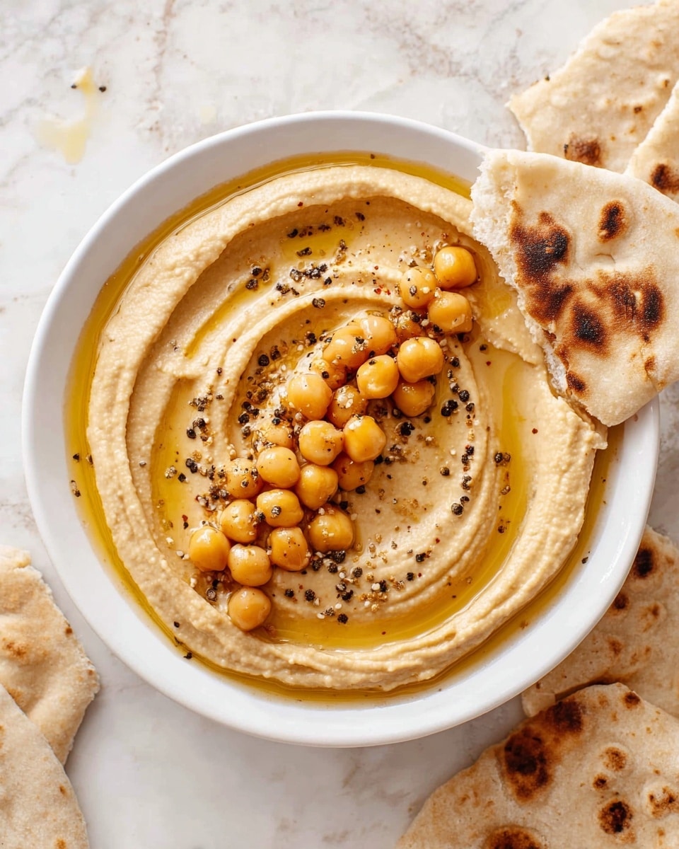A white bowl holds a smooth, creamy beige hummus spread evenly in a single thick layer with visible swirling patterns. On top, there is a line of whole chickpeas placed in the middle, sprinkled with black pepper flakes and drizzled with golden olive oil creating a shiny finish that pools slightly around the edges. A piece of flatbread with charred spots leans on the bowl's edge. The bowl rests on a white marbled surface with more pieces of flatbread scattered nearby. Photo taken with an iphone --ar 4:5 --v 7