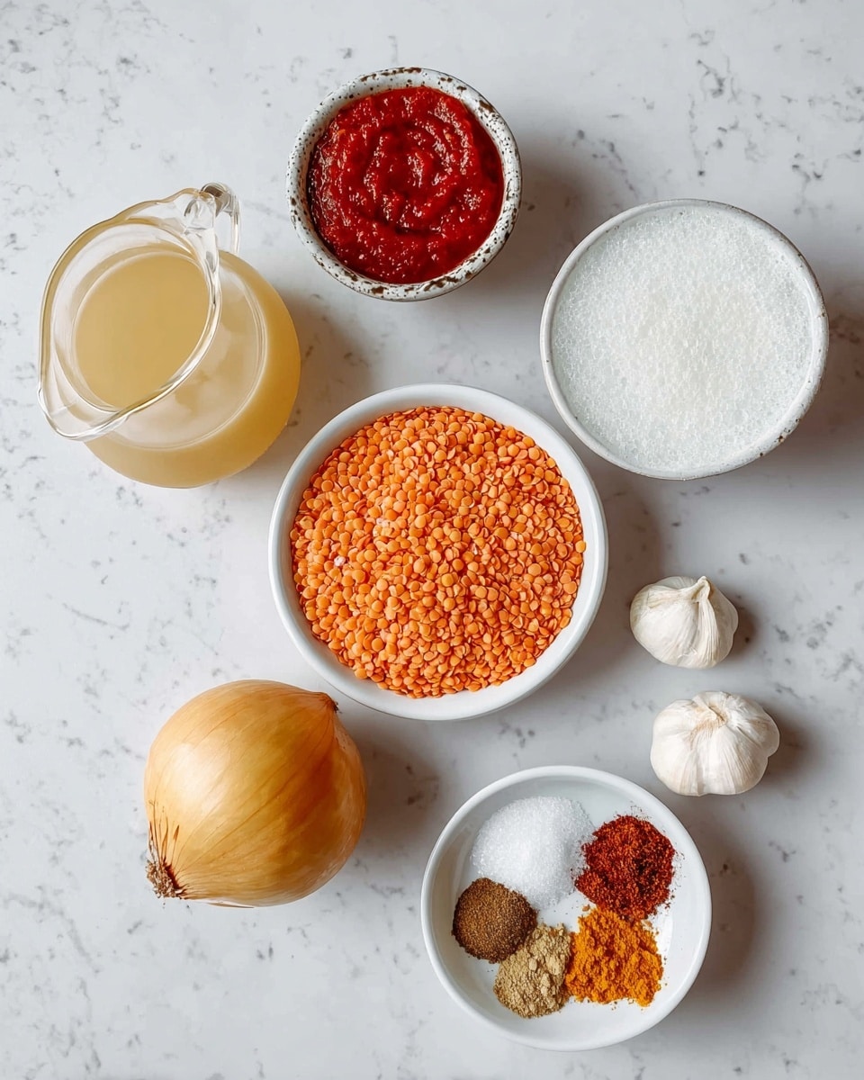 The image shows seven cooking ingredients arranged on a white marbled surface. At the center, there is a white bowl filled with small, orange lentils. Above it to the right is another white bowl holding a frothy white liquid. To the left of the lentils is a small white bowl with bright red tomato paste. Above that, there is a clear glass jug filled with light orange liquid. Below the lentils, there is a whole yellow onion. To the right of the onion and lentils is a small white bowl with a mix of four spices white salt, brown cumin, darker brown cinnamon, and orange turmeric divided into sections. Lastly, to the right of the frothy liquid, there are four whole garlic cloves. Photo taken with an iphone --ar 4:5 --v 7