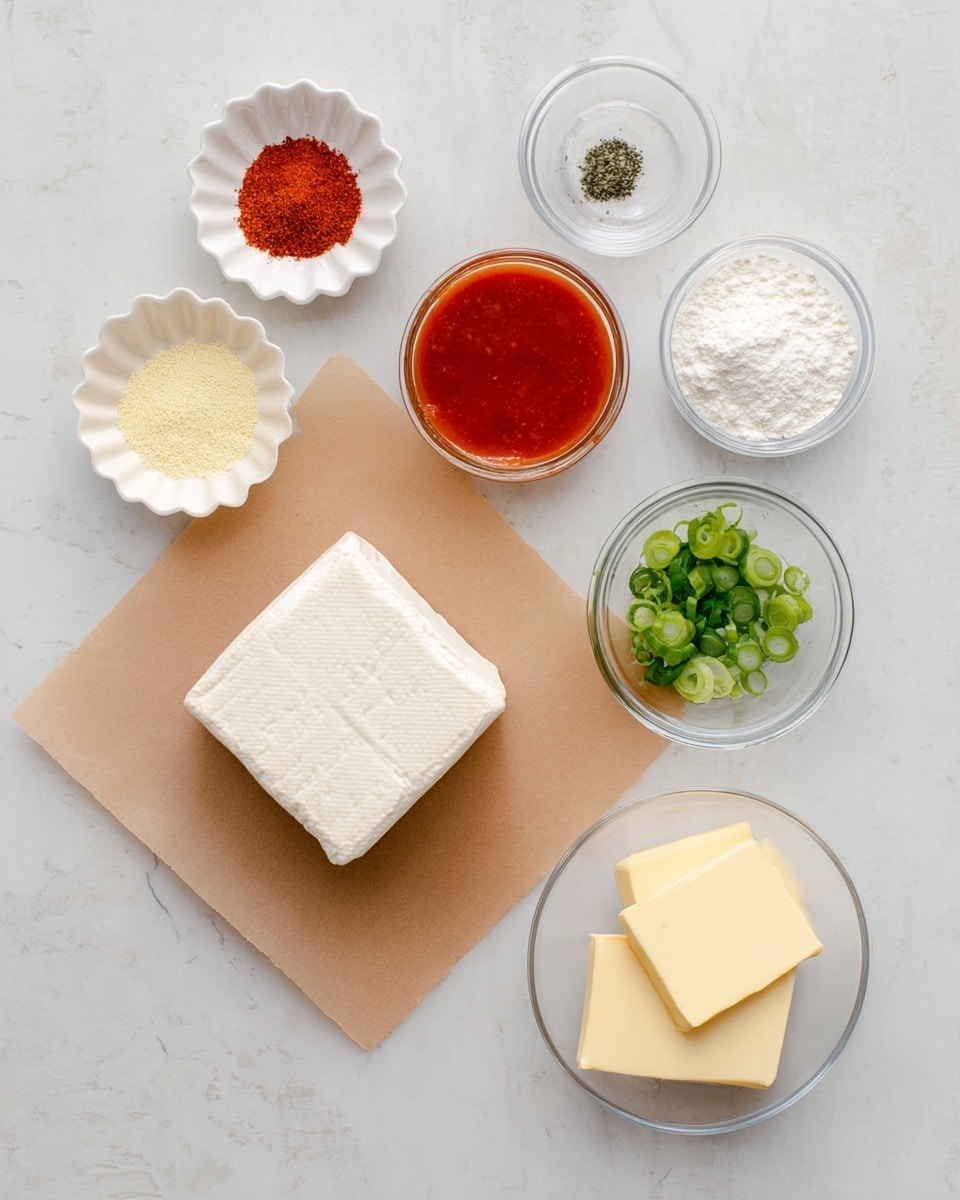 The image shows a white block of tofu placed on a square piece of brown paper at the center bottom against a white marbled surface. Around it, there are seven small white and clear bowls arranged in a loose circle: a white scalloped bowl with red chili powder at the top left, a white scalloped bowl with light yellow garlic powder below it, a larger white bowl with bright red hot sauce in the middle, a small clear bowl filled with green sliced scallions at the top right, a clear bowl of white cornstarch below the scallions, a smaller clear bowl with salt and pepper next to it, and a clear bowl with three pieces of pale yellow butter at the bottom right. The scene is clean and minimalistic. Photo taken with an iphone --ar 4:5 --v 7