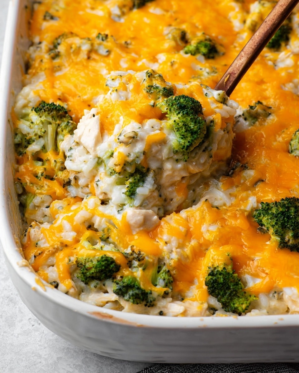 A white baking dish filled with a cheesy casserole showing three main layers: a base layer of creamy white rice mixed with small pieces of white chicken, a middle layer of bright green broccoli florets scattered throughout, and a top layer of melted bright orange cheddar cheese covering the dish unevenly with some broccoli and chicken peeking through; a bronze spoon scoops a portion from the right side, revealing the thick, creamy texture beneath the cheese and the vibrant colors of the broccoli and white chicken. photo taken with an iphone --ar 4:5 --v 7