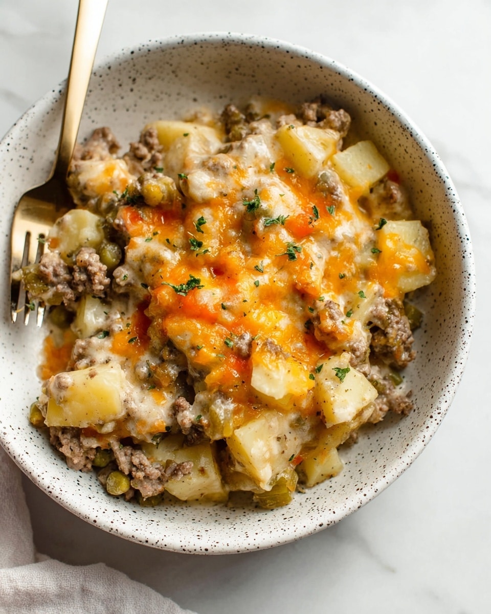 A close-up view of a creamy dish served in a white bowl with small dark speckles, resting on a white marbled surface. The dish features several layers and textures: a base of beige creamy sauce mixed with soft, cooked ground meat pieces in brownish-gray; scattered light yellow potato chunks; specks of green peas and pickles; and melted orange cheese that is slightly browned on top. Small green herb bits sprinkle across the dish, adding a fresh touch. A gold fork with a white handle is placed inside the bowl on the left side, slightly embedded in the food. Photo taken with an iphone --ar 4:5 --v 7