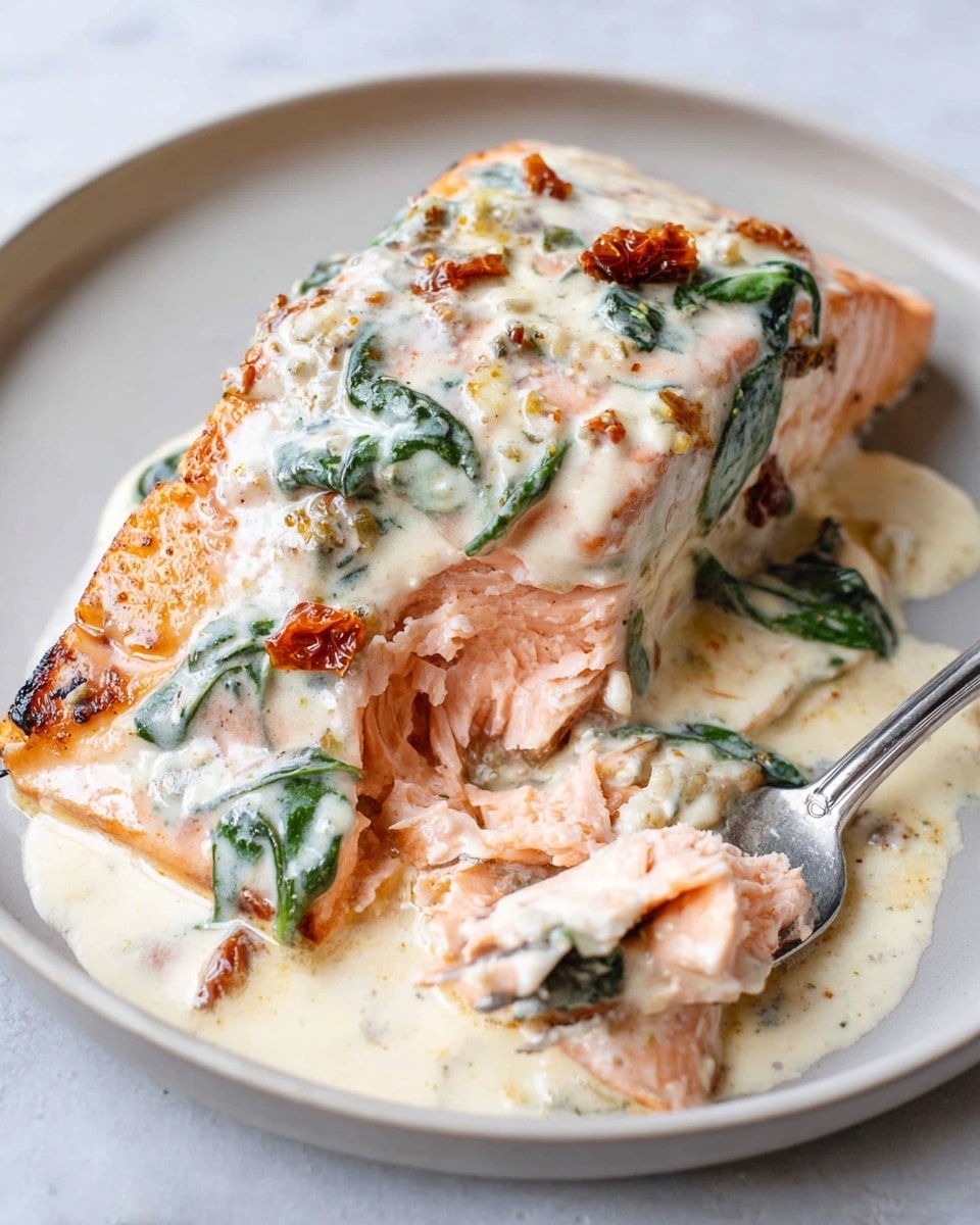 A single piece of cooked salmon with a golden brown top layer, covered with a creamy white sauce containing small green spinach leaves and bits of sun-dried tomatoes, rests on a white plate. The salmon's pink flaky inside is visible where a section is separated, showing the soft texture beneath the browned surface. The cream sauce is spread unevenly, pooling in some areas on and around the salmon. A silver fork is partly visible beneath the salmon at the bottom right corner. The plate is placed on a white marbled surface. photo taken with an iphone --ar 4:5 --v 7