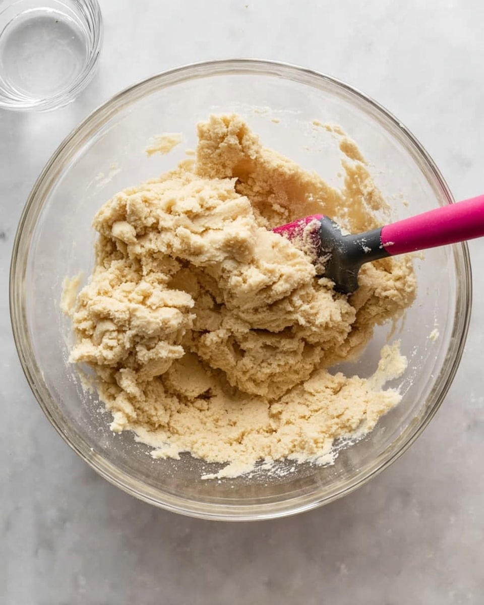 A clear glass bowl filled with thick, light beige dough that looks soft and slightly crumbly. A pink and black spatula rests at the edge of the dough, partially embedded in it. The bowl is placed on a white marbled surface, and there is a blurred clear glass cup in the background. The dough's texture has small lumps and looks like it has been mixed well, filling most of the bowl's base. photo taken with an iphone --ar 4:5 --v 7