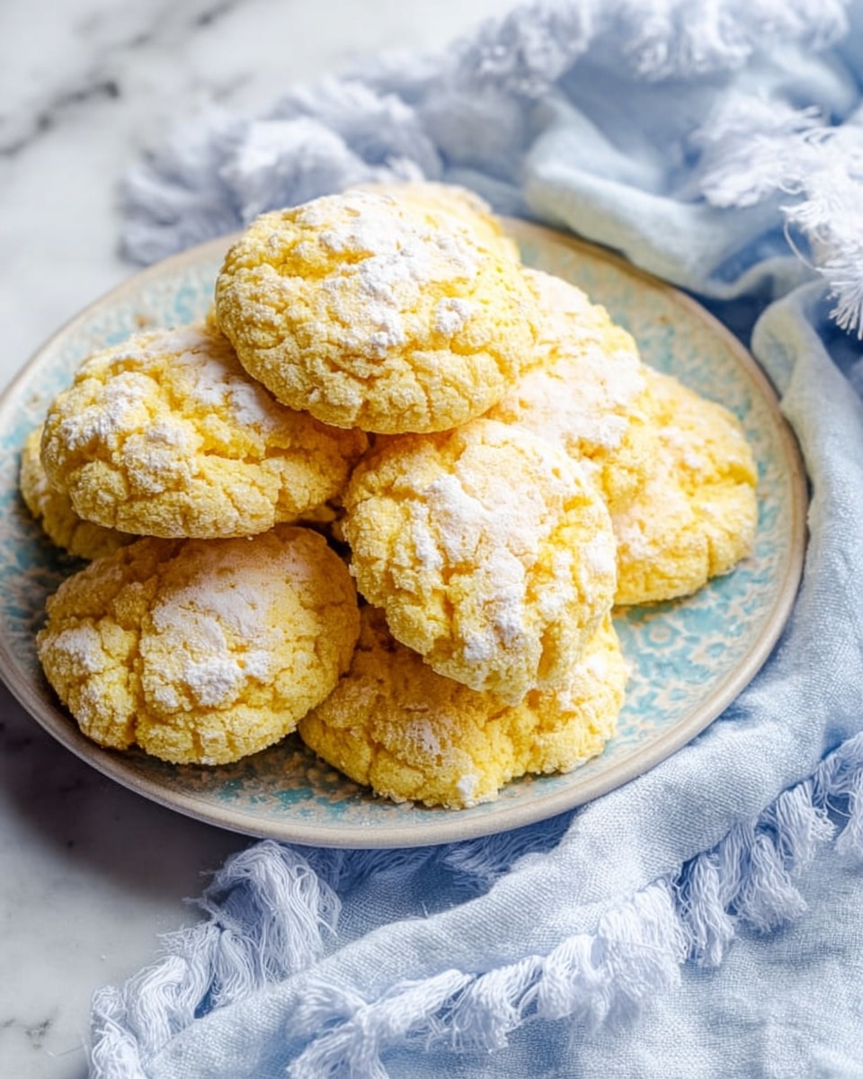 A group of yellow, crumbly cookies with a powdery white topping are stacked on a round white plate with a slight blue pattern on the edges. The cookies have a rough, textured surface and are piled high in the center of the plate, some leaning on each other. The plate rests on a white marbled surface, surrounded by soft white and light blue cloths with fringed edges, adding a cozy background. Photo taken with an iphone --ar 4:5 --v 7