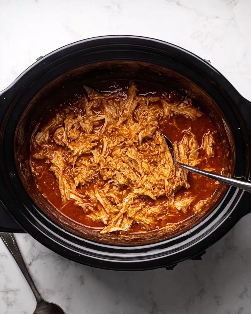 A black slow cooker filled with shredded chicken in a thick, reddish-brown sauce. The chicken is mixed evenly throughout the sauce, showing a soft, tender texture with visible small strands and chunks. The slow cooker sits on a white marbled surface, and a silver spoon is near the bottom left corner of the image, partially visible. The scene is simple and focused on the hearty cooked chicken inside the slow cooker. photo taken with an iphone --ar 4:5 --v 7