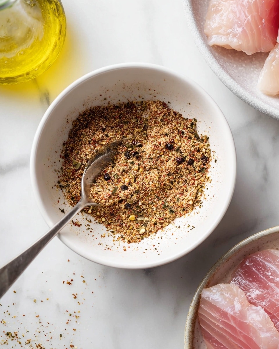 A white bowl in the center holds a mix of finely ground spices that are light brown, dark brown, and reddish with small bits of green and black scattered throughout. A silver spoon rests inside the bowl, scooping up some of the spice blend. To the right, a white bowl with raw pink fish fillets showing delicate white lines and a smooth texture is partially visible. On the left side near the top, there is a clear bottle with a light yellow liquid, likely oil. The whole scene is set on a white marbled surface. photo taken with an iphone --ar 4:5 --v 7