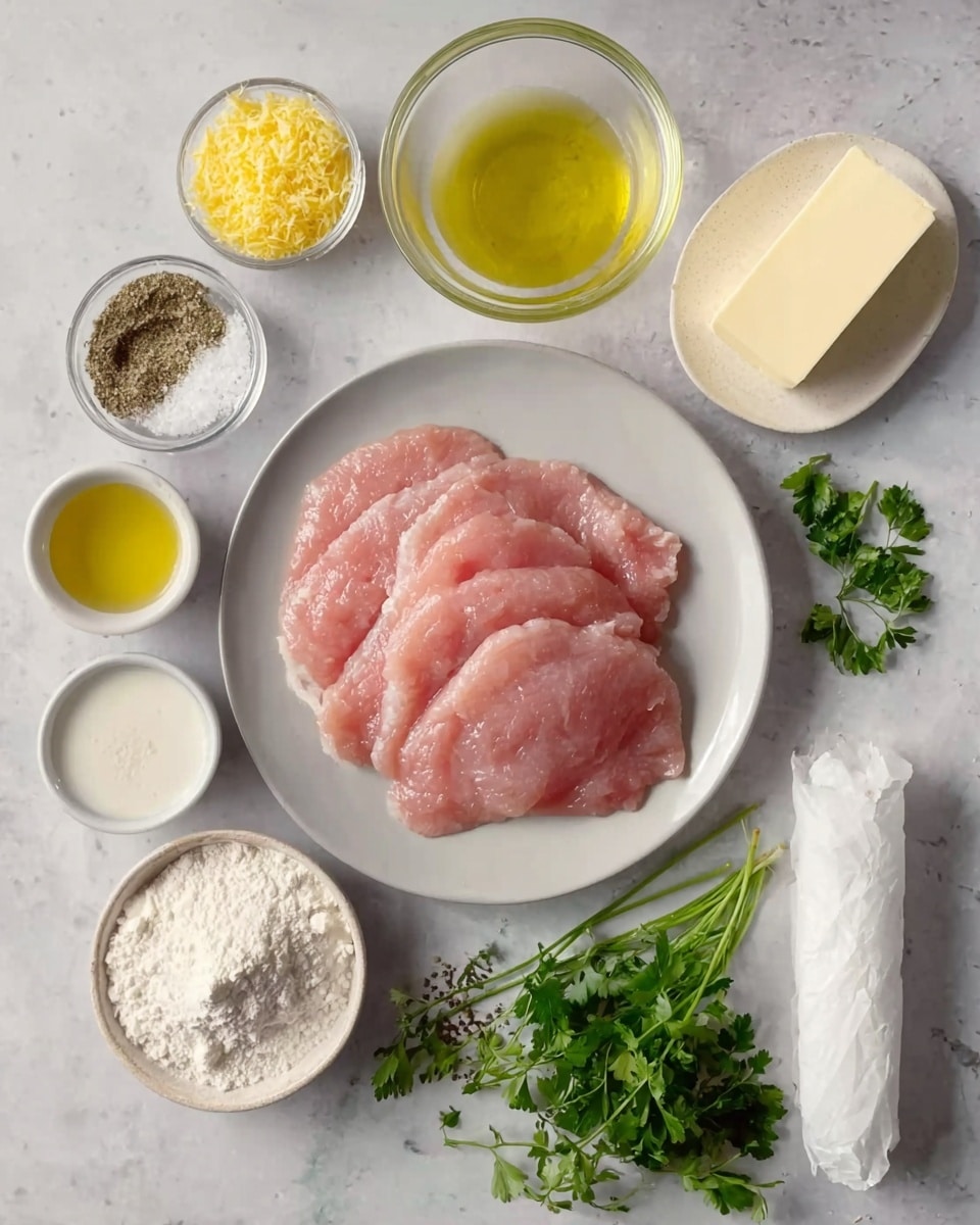 The image shows a white plate in the center with three uncooked, pink thin slices of meat. Around the plate are small white bowls holding different ingredients: grated yellow ginger, sea salt and black pepper mix, white creamy liquid, and chopped fresh parsley. There is a small glass bowl filled with clear lemon juice, another small bowl with white flour, and a glass cup containing melted yellow butter. A white butter stick wrapped in paper is on the white marbled surface, along with a bowl of coarse salt mixed with lemon zest. The scene is arranged neatly on a white marbled background with soft natural light, photo taken with an iphone --ar 4:5 --v 7