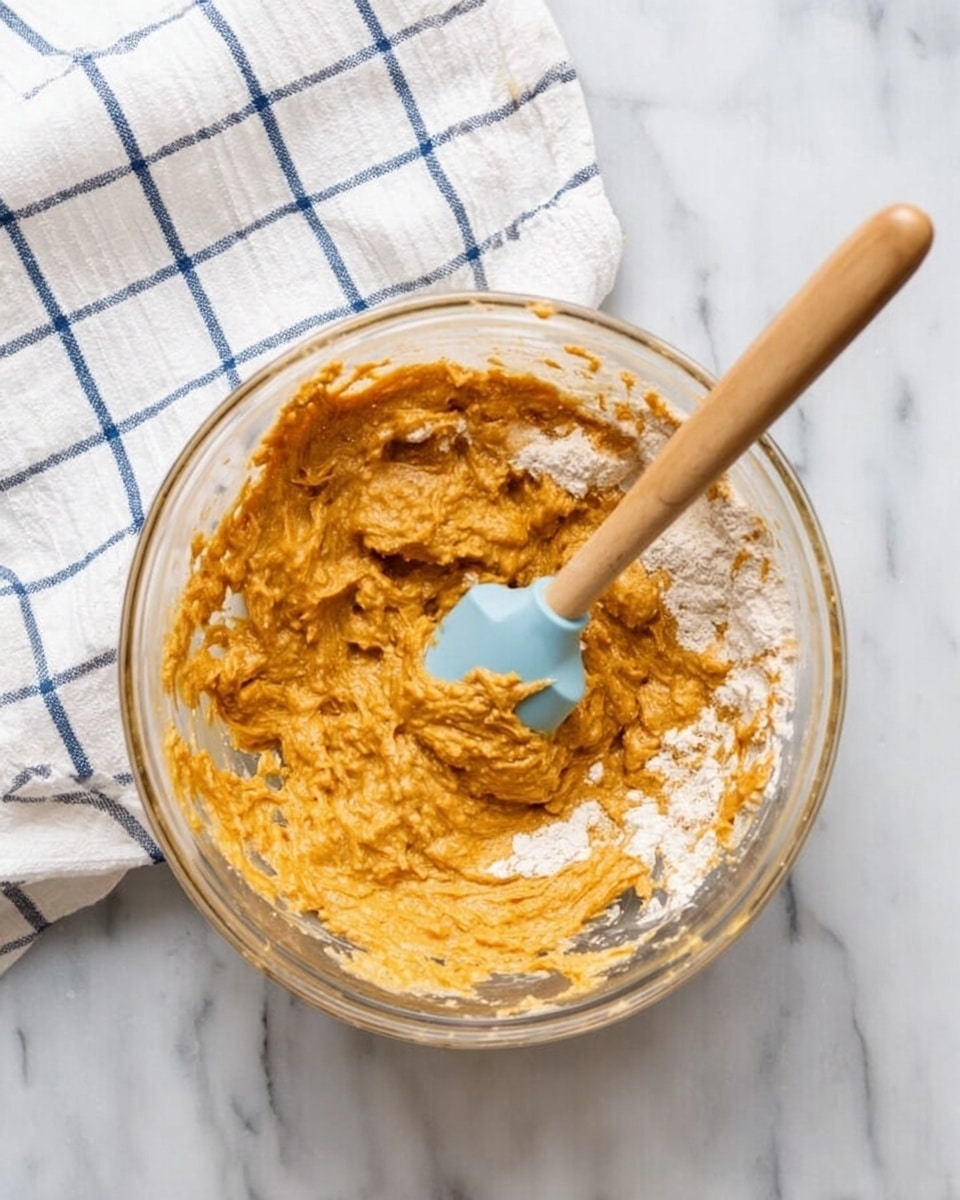 A clear glass bowl sits on a white marbled surface, filled halfway with a mix of dry flour and orange pumpkin batter being stirred together by a spatula with a light blue silicone head and a wooden handle. The mixture is thick and uneven, with patches of flour still visible on the edges blending into the smooth pumpkin layer in the center. Next to the bowl is a white cloth with blue lines in a checkered pattern. Photo taken with an iphone --ar 4:5 --v 7