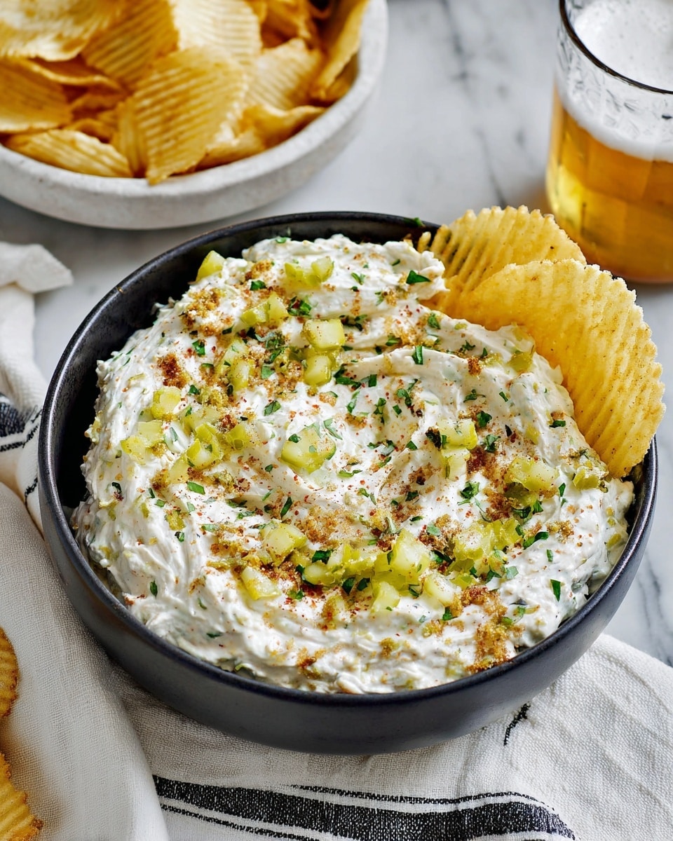 A black bowl holds a creamy, thick white dip with small chunks, spread in a swirled, uneven layer. The dip is topped with scattered small green pickle pieces, bright green herb sprigs, and light brown crumbs, adding texture and color. On the right side inside the bowl, a few ridged yellow potato chips rest against the dip. The bowl sits on a white marbled surface with part of a white cloth with black stripes beside it, a partially visible white bowl filled with more potato chips is at the top left, and a glass mug of beer with foam on top is on the top right. photo taken with an iphone --ar 4:5 --v 7