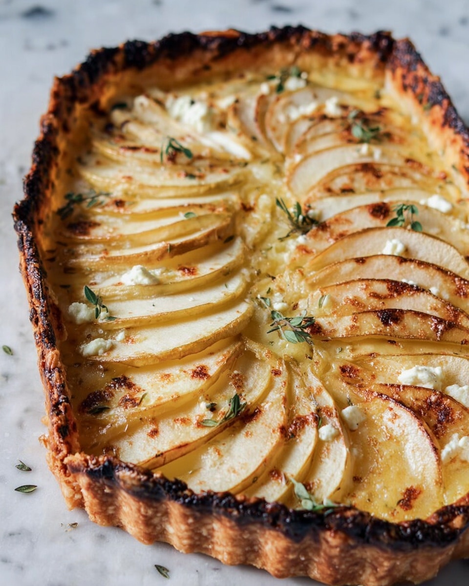 The image shows a rustic tart with a deep golden-brown, flaky crust that is slightly burnt on the edges. Inside, there are three main layers: the bottom layer is the crisp pastry crust, the middle layer has small white bits of cheese or cream, and the top layer consists of thinly sliced apples arranged in overlapping rows with light yellow to pale green colors and a soft texture. Some small green herb leaves are scattered on top, adding a touch of color. The tart rests on a white marbled surface. Photo taken with an iphone --ar 4:5 --v 7
