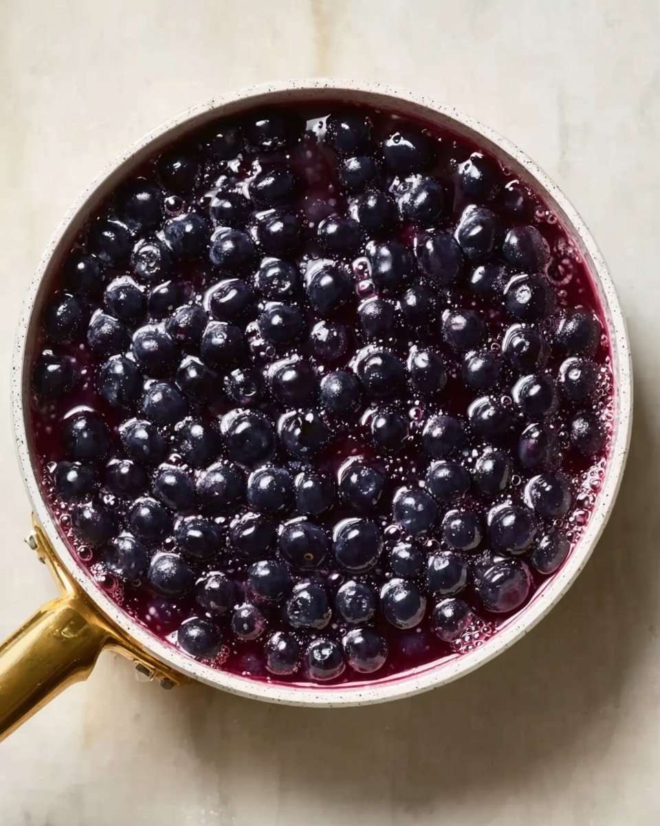 A close-up top view of a white pan with golden handle filled with dark purple, shiny blueberries cooking in a thick sauce. The sauce is glossy and surrounds the whole surface, making the berries look juicy and soft, with little bubbles in some places. The pan is placed on a white marbled surface, showing texture and light reflections. photo taken with an iphone --ar 4:5 --v 7