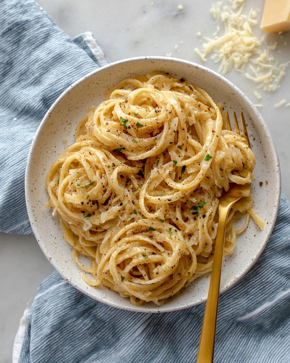 A white speckled bowl holds a simple pasta dish with thick, pale yellow noodles twisted in three loose bundles. The noodles are mixed with small bits of light brown cooked onions and sprinkled with black pepper and small green herb pieces for color. A light golden sauce coats the noodles, giving them a shiny texture. A gold fork rests on the right side of the bowl, partially under the pasta. The bowl sits on a soft blue cloth with white stripes, and the background is a white marbled texture with some scattered pale cheese shavings near the top right corner. Photo taken with an iphone --ar 4:5 --v 7