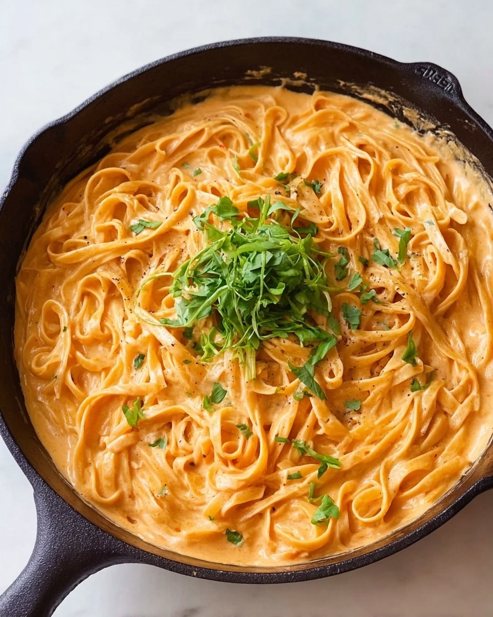 A close-up view of a black cast iron pan filled with creamy orange-colored fettuccine pasta gently mixed in a smooth sauce. The pasta strands are long and slightly curled, layered evenly around the pan with a small pile of fresh green herb leaves placed at the center on top for a pop of color. The pan rests on a white marbled surface. Photo taken with an iphone --ar 4:5 --v 7