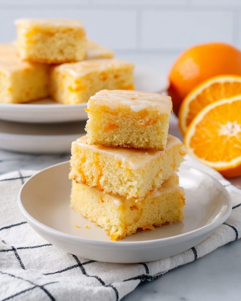 A stack of three square orange-flavored cake pieces is placed on a white plate, each layer showing a light orange-yellow color with a soft and moist texture, small bits of orange zest visible inside. The top layer is covered with a thin, shiny glaze that looks smooth and slightly glossy. Behind the plate is a blurred white plate holding more cake pieces, with a halved orange and another whole orange in the background. The scene is set on a white marbled surface with a white cloth featuring a black grid pattern next to the plate. Photo taken with an iphone --ar 4:5 --v 7