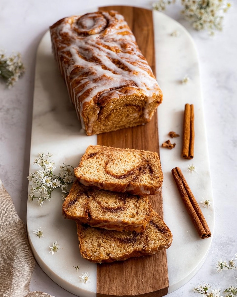 A loaf of cinnamon swirl bread with a light glaze drizzled on top sits on a white marbled oval board with a wooden center strip. Three slices of the bread are arranged neatly in a row below the loaf, showing a golden brown interior with darker cinnamon swirls. There are three cinnamon sticks placed on the right side of the board, and small white flowers scattered around the bread for decoration. The background has a white marbled texture. Photo taken with an iphone --ar 4:5 --v 7