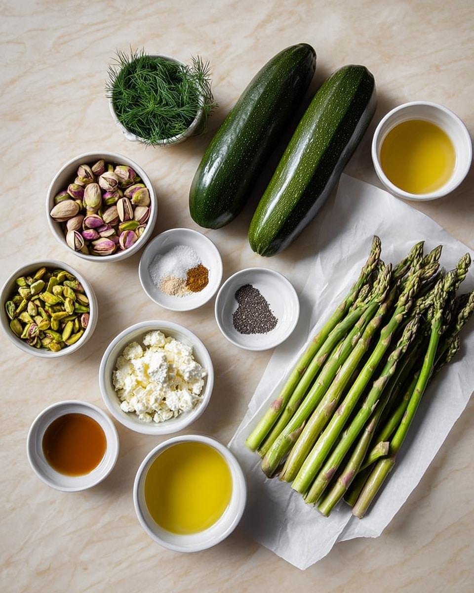 The image shows an arrangement of fresh ingredients on a white marbled surface, featuring two dark green zucchinis and a bundle of green asparagus laid on a sheet of white parchment paper on the right. Surrounding these vegetables are small white bowls and cups holding various items: bright green dill, shelled green and purple pistachios, crumbly white cheese, mustard-colored paste, a mix of black and white salt and pepper, light brown and amber liquids, and a translucent light yellow juice. All items are neatly placed, creating a clean and organized look. photo taken with an iphone --ar 4:5 --v 7