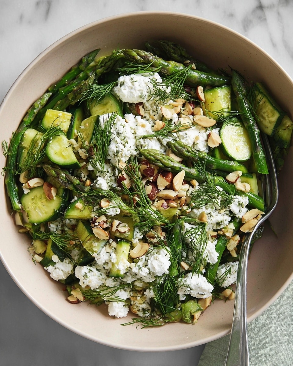 A salad is shown in a large white bowl, filled with three main layers: the first layer is made up of green asparagus pieces with fresh dill sprigs scattered on top; the second layer has thinly sliced zucchini strips mixed with green asparagus; the third layer includes white crumbled cheese spread generously over the vegetables, along with chopped nuts adding texture and color contrast. The bowl is set on a white marbled surface and a silver fork is partially placed inside the bowl. Photo taken with an iphone --ar 4:5 --v 7
