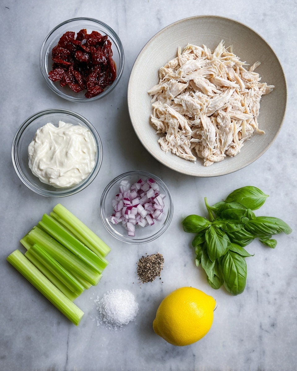 A white bowl filled with shredded light beige cooked chicken is placed on a white marbled surface. Around it, in small clear glass bowls, are creamy white sour cream, thick white cream cheese, dark red sun-dried tomatoes, and finely chopped purple red onions. Below these bowls, there are several green celery sticks and fresh green basil leaves. At the bottom right of the image, a whole yellow lemon sits next to small piles of black pepper and white salt. The overall setting is neat and organized with natural food colors. Photo taken with an iphone --ar 4:5 --v 7