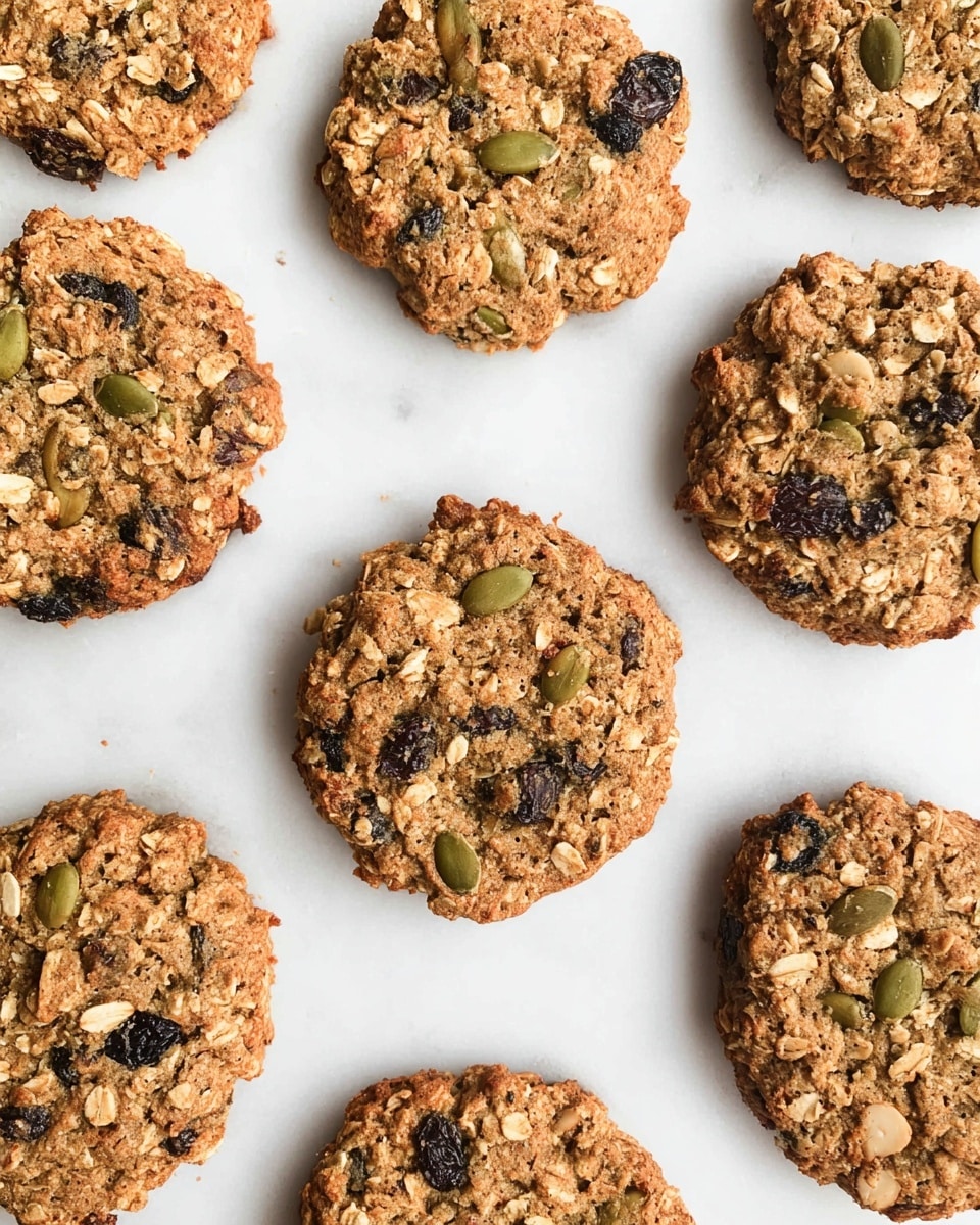 Round oatmeal cookies with a rough textured surface show different shades of light brown with visible green pumpkin seeds, dark raisins, and bits of almond scattered throughout. The cookies are spread out on a white marbled surface, with some overlapping slightly and others spaced apart, highlighting their irregular shapes and crumbly texture. Photo taken with an iphone --ar 4:5 --v 7