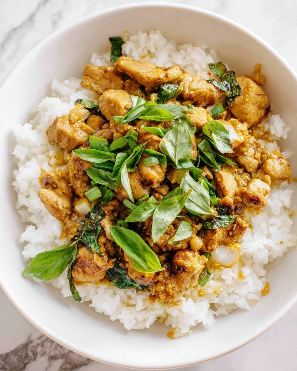 A white bowl filled with three layers: the base layer is soft, white steamed rice with a slightly fluffy texture; the second layer is juicy, golden brown chicken pieces cooked with small pieces of translucent cooked onions; the top layer is fresh chopped green basil leaves scattered over the chicken, adding a touch of bright green color, all set on a white marbled surface. photo taken with an iphone --ar 4:5 --v 7
