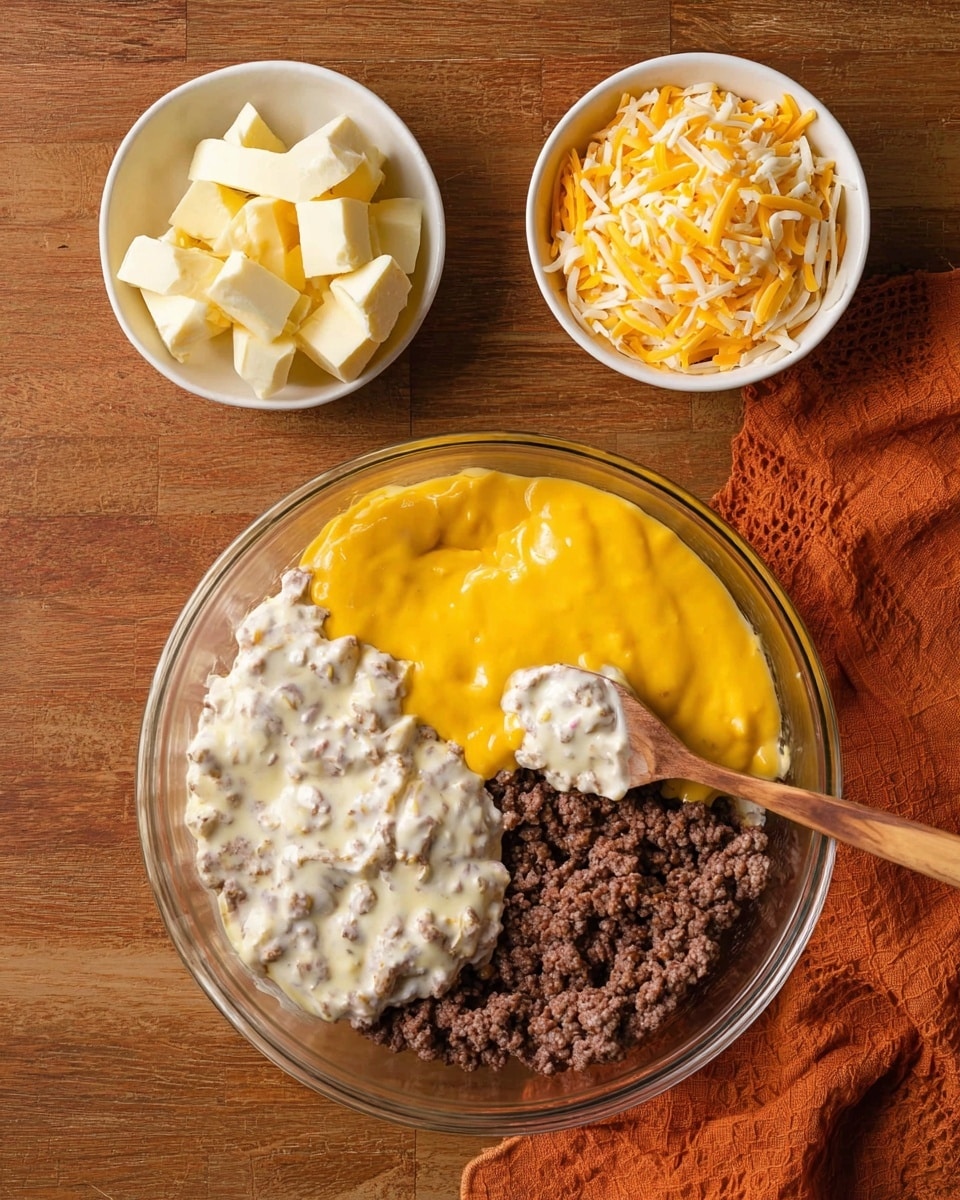 In a clear glass bowl placed on a wooden table, three layers of ingredients sit side by side: dark brown cooked ground meat forms the base, topped with a smooth bright yellow layer of sauce on one side and a thick white creamy layer with small bits on the other side. A wooden spoon with some yellow and white sauce on its edge rests inside the bowl. Above the bowl, there are two white small bowls, one filled with three-cheese cubes in off-white, and the other with a mix of shredded yellow and white cheese. A folded orange cloth lies near the bowl, adding a warm touch to the setting. Photo taken with an iphone --ar 4:5 --v 7