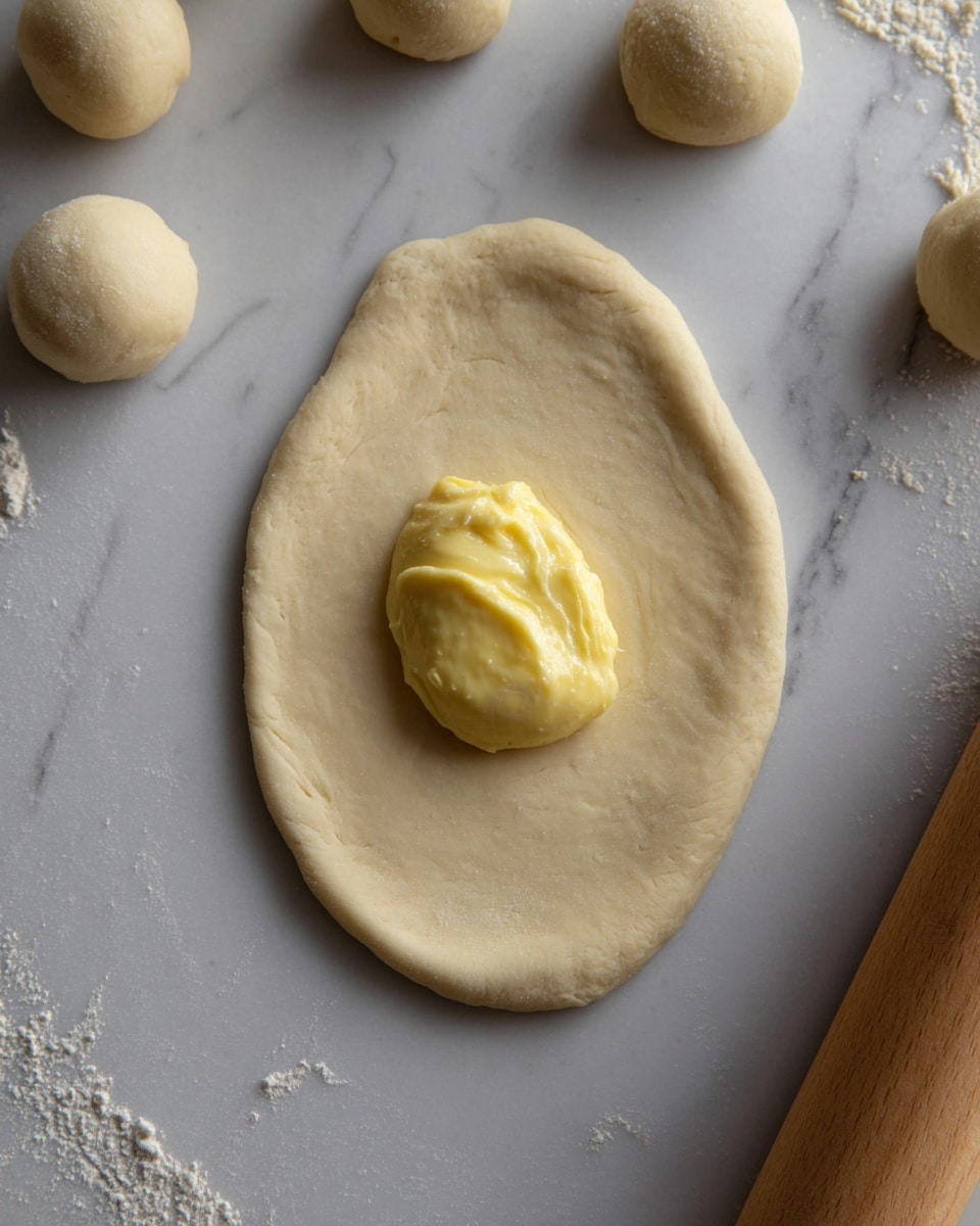 An oval-shaped piece of light beige dough is laid flat on a white marbled surface. On top of the dough, near the center, there is a soft, creamy yellow dollop of custard-like filling with a smooth texture. Around the dough are other small dough balls and a wooden rolling pin on the right side. The setting looks like a baking preparation in progress. photo taken with an iphone --ar 4:5 --v 7