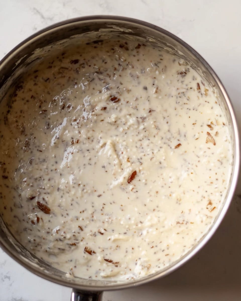 A close-up of a silver pot filled with a thick, creamy mixture that is white with small brown bits mixed throughout, giving it a textured look. The mixture almost fills the pot and appears smooth but chunky, with some of it sticking to the side, showing a slight shine. The pot is placed on a white marbled surface. Photo taken with an iphone --ar 4:5 --v 7