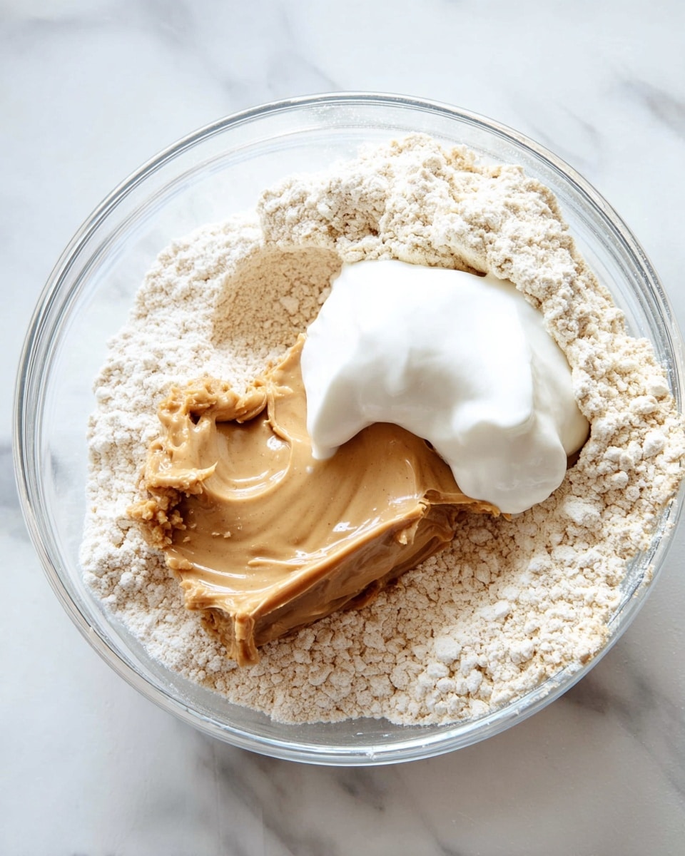 A clear bowl holds three layers of ingredients, starting with a large amount of light beige powdery flour at the bottom and sides, topped by a dollop of smooth, creamy white yogurt, and a thick scoop of tan peanut butter with a slightly shiny texture placed next to the yogurt, all resting on a white marbled surface photo taken with an iphone --ar 4:5 --v 7